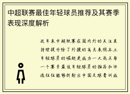中超联赛最佳年轻球员推荐及其赛季表现深度解析